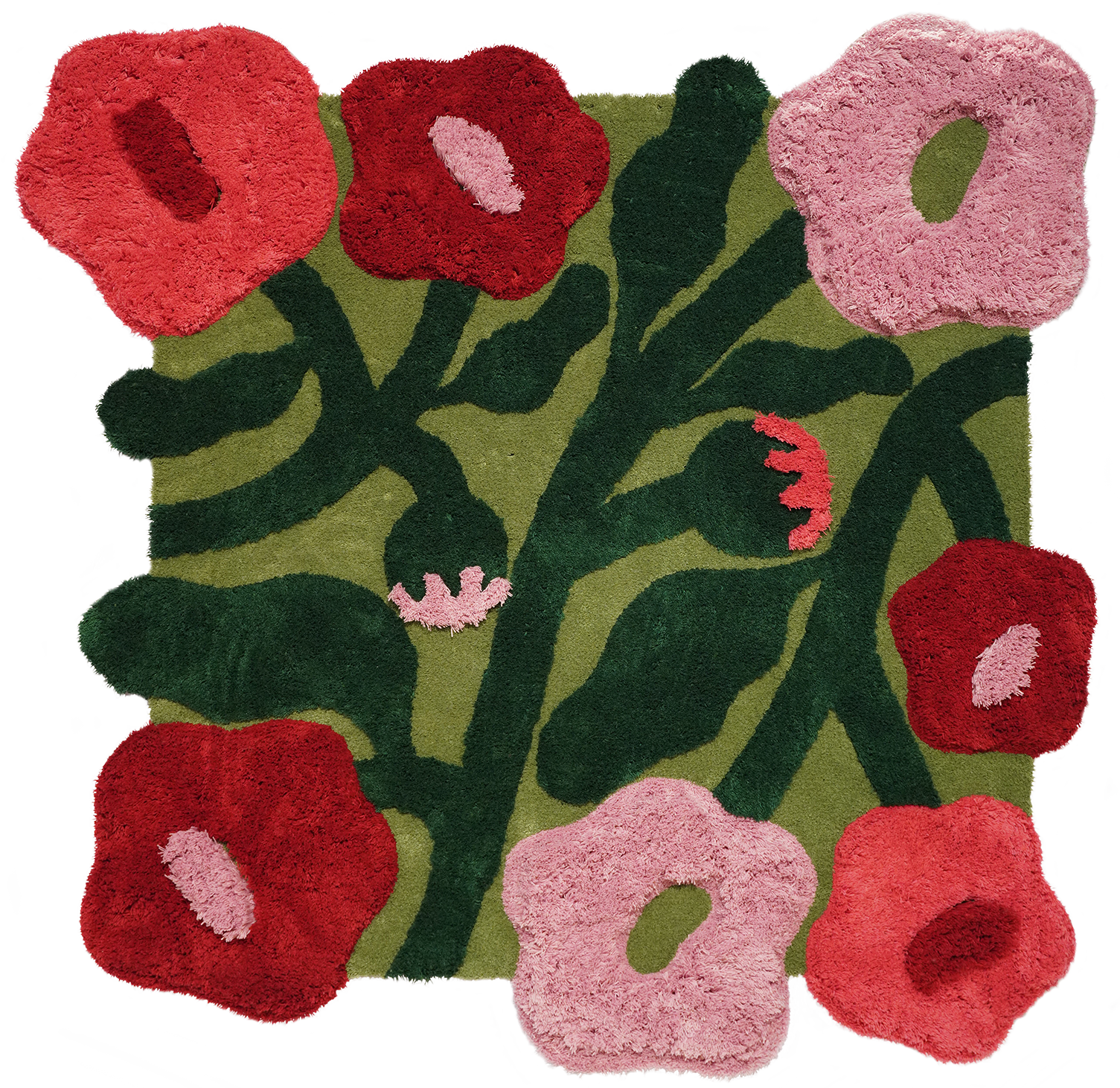 Small rug with poppies in meadow color scheme. Grass, chlorophyll, spring pink, poppy red, summer pink.