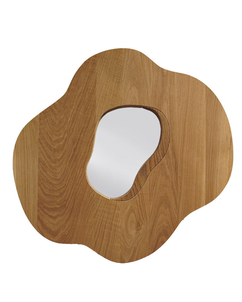 A big poppy shaped mirror with a solid oak frame.