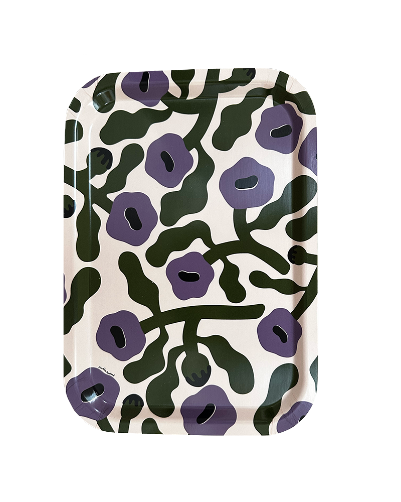 A small rectangular tray with artwork of purple poppies.