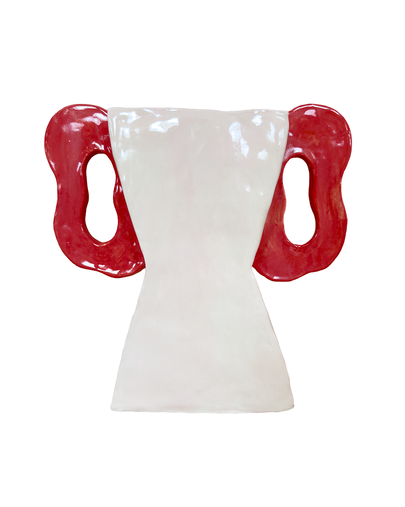 An organic shaped off-white ceramic vase with red poppy shaped handles.