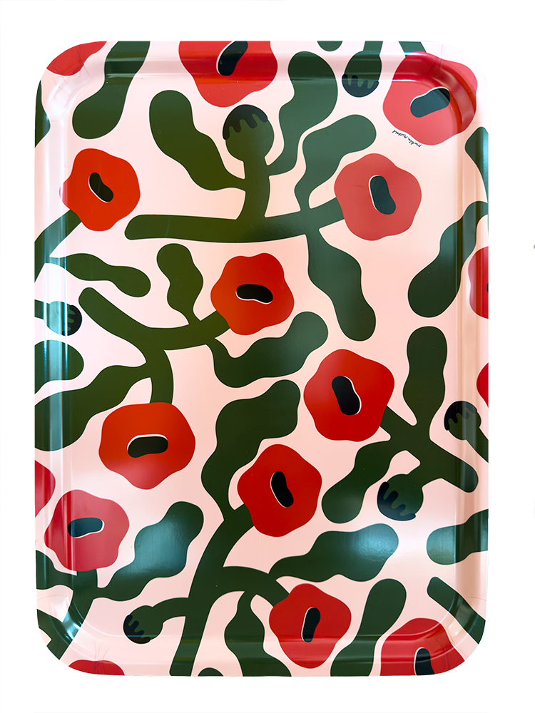 A big rectangular tray with artwork of red poppies.