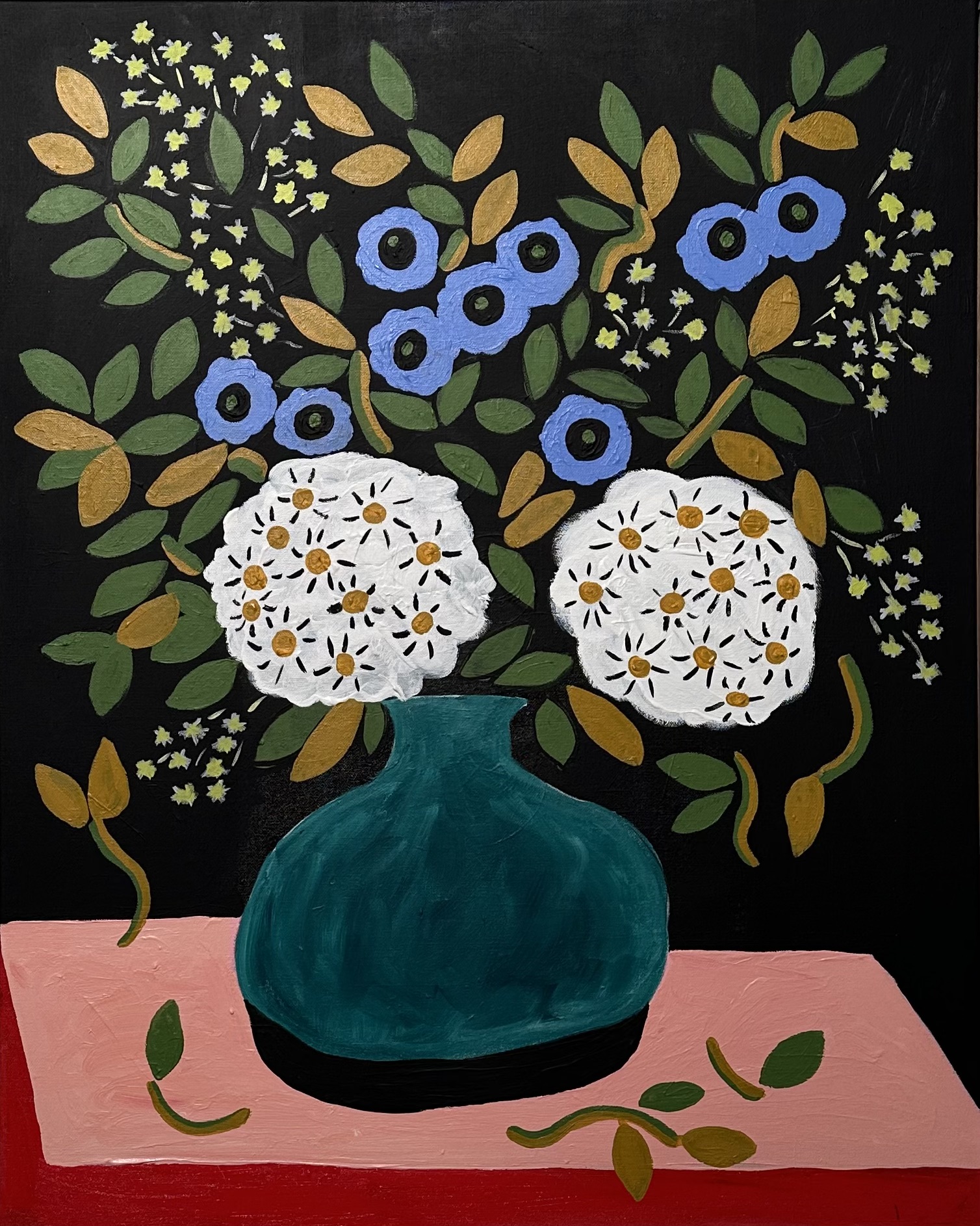 Painting by Madelen Möllard, bouquet in dark green vase