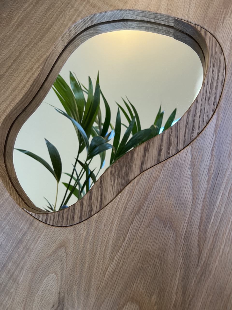 Close up of poppy mirror in solid oak with plant in mirror