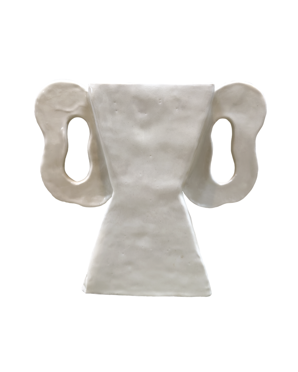 Creamy white poppy vase in profile with organic shaped handles